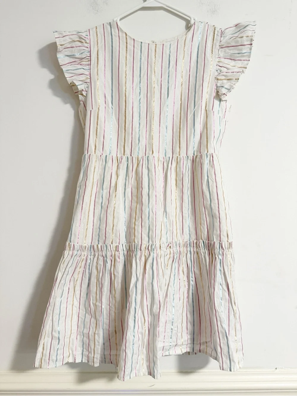 Crewcuts J.Crew Girls White Rainbow Striped Flutter Sleeve Dress 14 Cotton